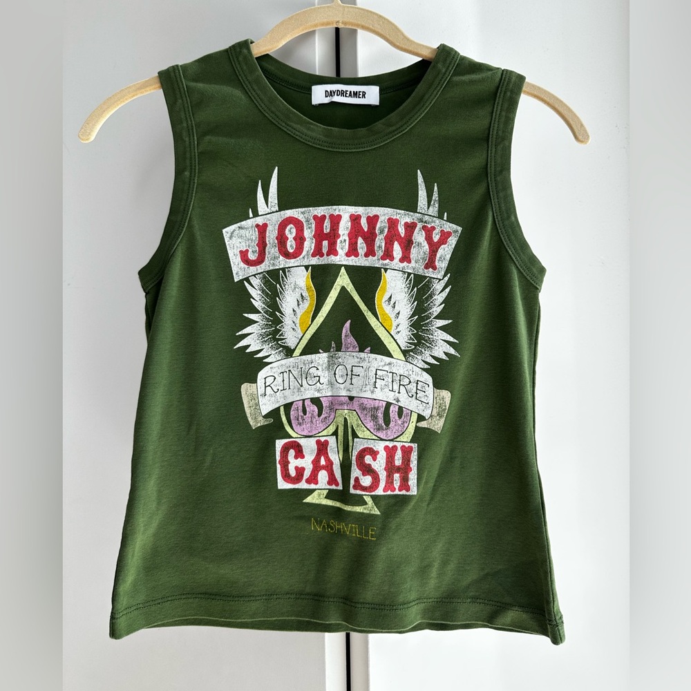 DAYDREAMER Johnny Cash Ring of Fire Shrunken Tank Garden Green